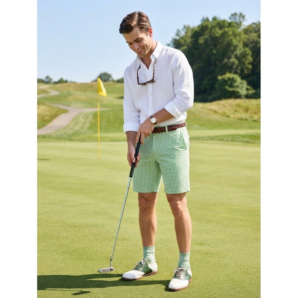 Ralph Lauren Sportswear Mens 36 Gingham Seersucker Shorts Green White Golf